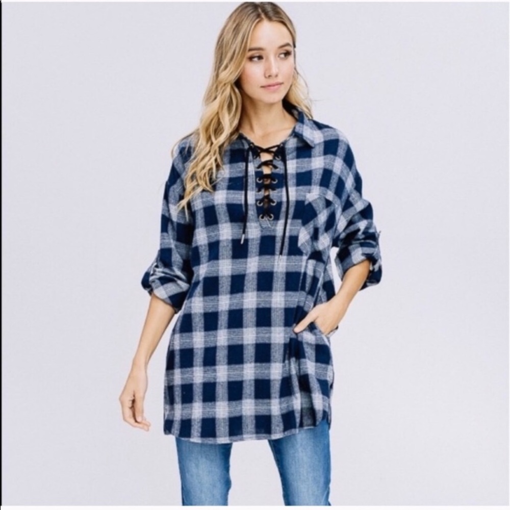 Oversize Plaid Lace Up Pocket Top